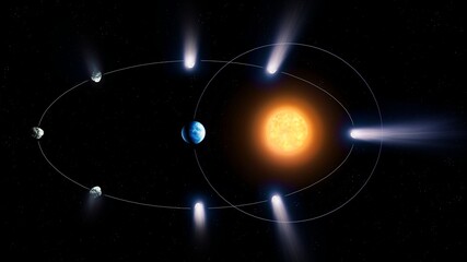 Comet orbit in the solar system on a black background. Comet's trajectory around the sun. © Nazarii