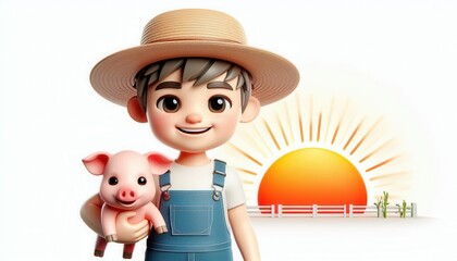 Happy farmer holding pig at sunrise animated character playful environment cheerful concept