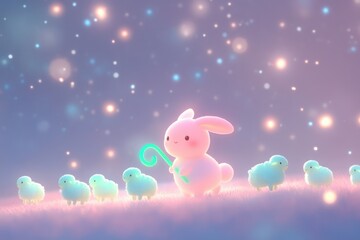A cute pink bunny leads a flock of fluffy teal lambs across a dreamy, pastel landscape under a night sky.
