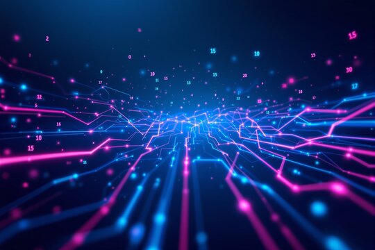 Abstract futuristic digital background with glowing blue and pink circuit lines, floating numbers, and a deep gradient backdrop. Concept of technology and data. Ai generative