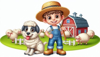 Young farmer with dog at red barn surrounded by sheep in sunny pastoral setting