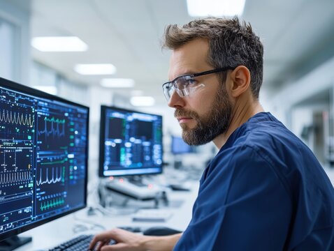 Analyst observing waveform analysis on computer screens in a bright lab detailed close-up view scientific research environment