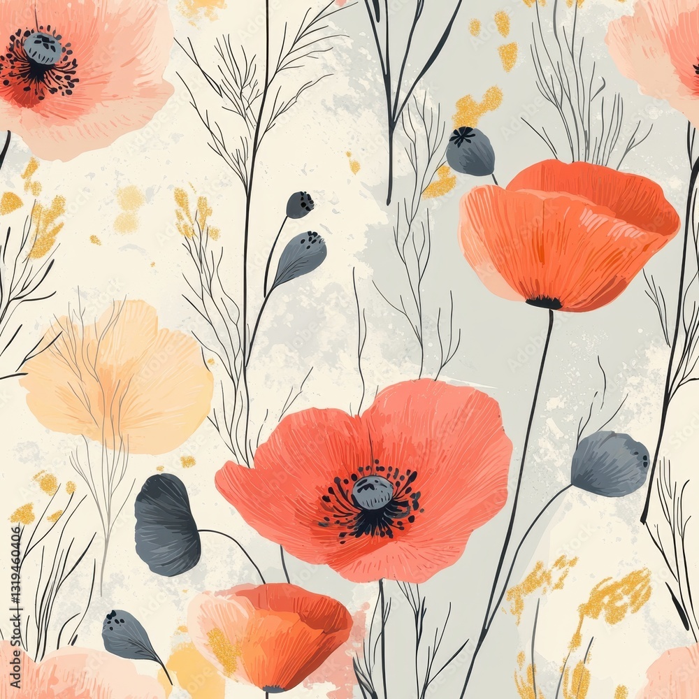 Poster floral pattern: a captivating pattern showcases a delicate arrangement of vibrant poppies and comple