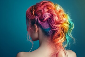 Naklejka premium Model showing her colorful rainbow hair with a braided hairstyle on a blue background