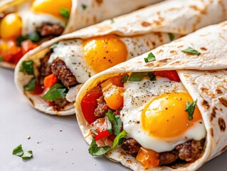 Colorful breakfast wraps for beginners casual kitchen food photography bright sunlight diagonal view realistic presentation