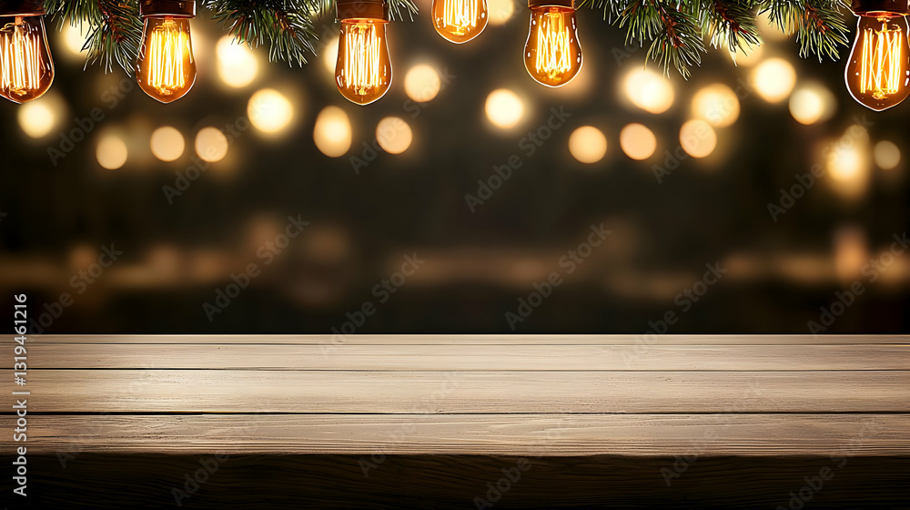Poster warm yellow string lights and green garland adorn a rustic wooden table against a blurred background