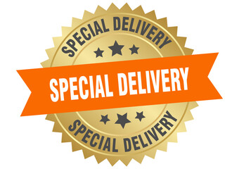 special delivery. special delivery round orange and gold label isolated on transparent background