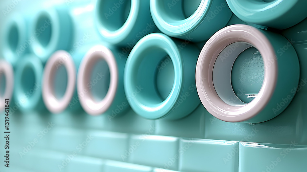 Poster teal and pink cylindrical shapes arranged on a teal tiled wall, creating an abstract composition. de