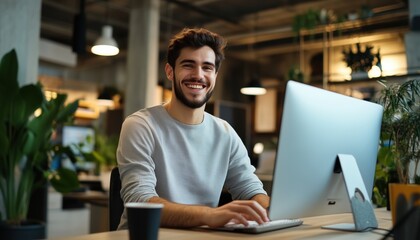 Obraz premium Happy Young Man At Modern Workplace, Working On Desktop Computer. Entrepreneur At Startup Office, Focused On Work. Energetic Workspace.