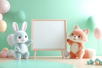 Cute bunny and fox standing by a blank whiteboard with pastel balloons.