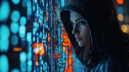 Hacker girl wearing hoodie is observing source code displayed on futuristic digital display. Ai generated