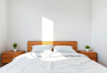 Soft sunlight streams onto a neatly made bed in a minimalist bedroom, morning, serene