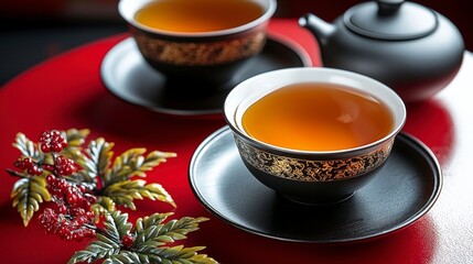 Elegant tea ceremony set on a vibrant red surface closeup photography cultural art cozy atmosphere