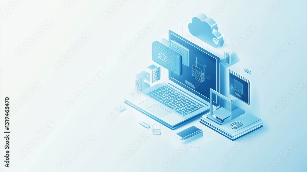 Poster isometric icon showcasing computers, laptops, and technology equipment for cloud storage and tech re