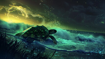 Fototapeta premium A sea turtle swimming through glowing, bioluminescent ocean waves