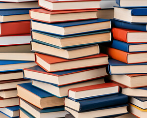 A close-up view of many stacked books of various colors