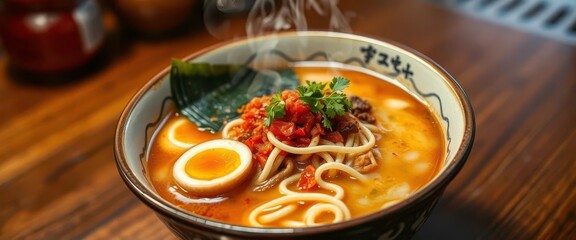 Steaming bowl of ramen noodles, broth, toppings, culinary,  brothy