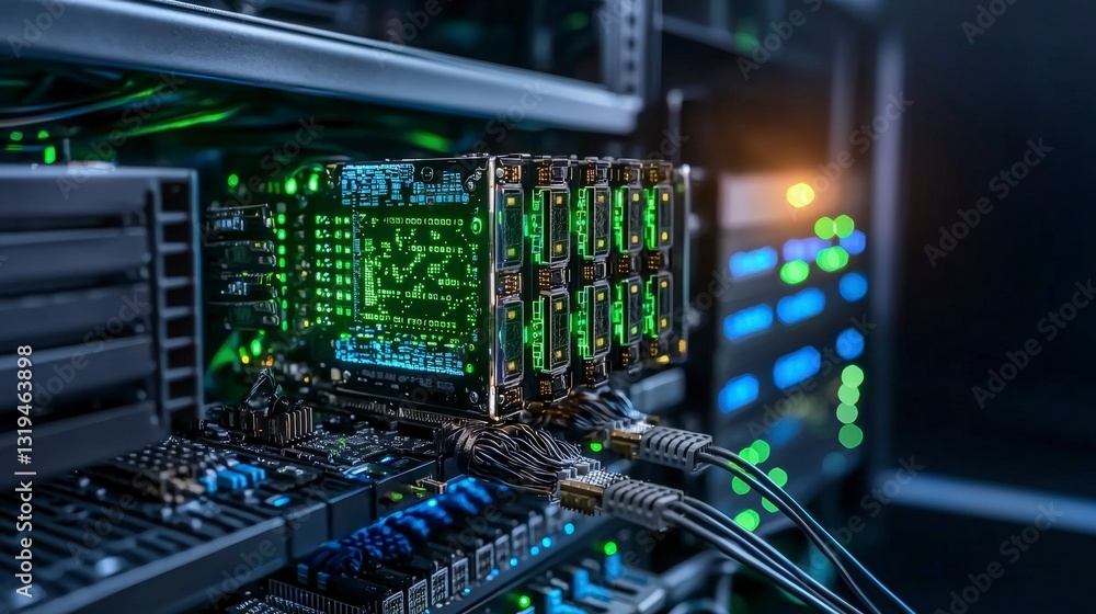 Poster Server farm operations closeup of high-tech data center technology environment futuristic viewpoint