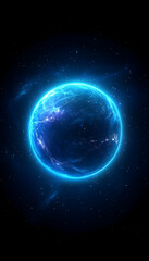 A glowing blue planet in deep space