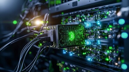 High-tech server farm operations data center closeup image dark environment dynamic viewpoint futuristic concept