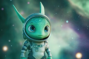 Adorable alien astronaut in space suit, exploring cosmos with curious gaze.