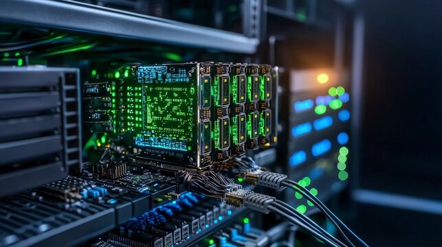 Server farm operations closeup of high-tech data center technology environment futuristic viewpoint