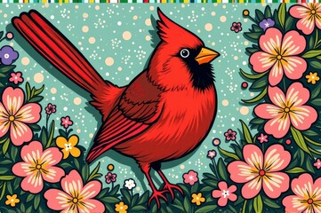 Vibrant red cardinal amidst colorful floral pattern