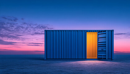 Obraz premium A shipping container at twilight, a warm glow emitting from an open door