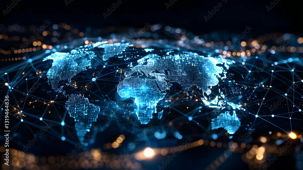 Poster digital world map with interconnected nodes symbolizing global communication network and data flow