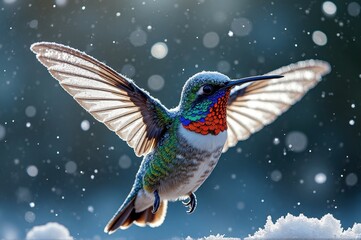 Fototapeta premium Colorful hummingbird with snow-dusted wings in flight