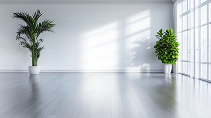 Fototapeta premium Serene minimalist white room with natural light indoor plants interior design calm environment wide view for relaxation
