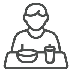 Man seat at table with food line icon, eat what you want concept. Vector graphics. Human, person food plate glass sign on white background, outline style icon for mobile or web design.