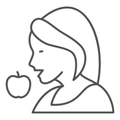 Woman wish apple thin line icon, eat what you want concept. Vector graphics. Girl with apple fruit sign on white background, outline style icon for mobile or web design.