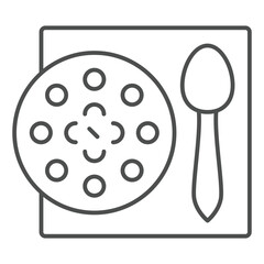 Soup plate with spoon at table thin line icon, eat what you want concept. Vector graphics. Food dish sign on white background, outline style icon for mobile or web design.