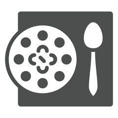 Soup plate with spoon at table solid icon, eat what you want concept. Vector graphics. Food dish sign on white background, glyph style icon for mobile or web design.