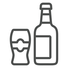 Bottle of beer and glass line icon, low alcohol beverages concept. Vector graphics. Bar drink sign on white background, outline style icon for mobile or web design.