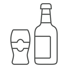 Bottle of beer and glass thin line icon, low alcohol beverages concept. Vector graphics. Bar drink sign on white background, outline style icon for mobile or web design.