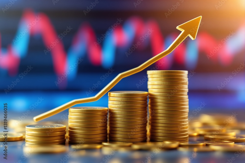 Poster stacks of gold coins increasing in height with an upward arrow on a blurred financial chart backgrou