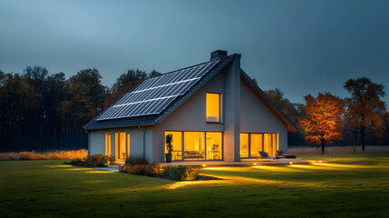 Obraz premium Illuminated Modern House With Solar Panels On Roof At Dusk Surrounded By Green Grass And Trees