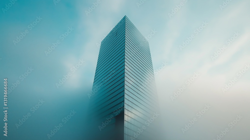 Poster a fog-covered skyscraper disappearing into the clouds