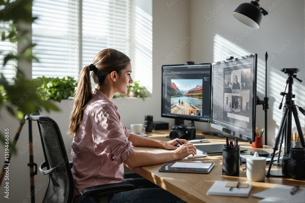 Poster woman using dual monitors for creative work and video calls in a well-lit home office with a modern 
