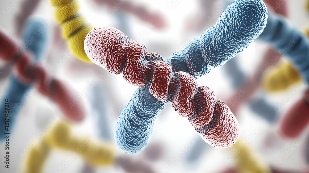 Aufkleber microscopic view of colorful chromosomes crossing over in detailed 3d render with white background