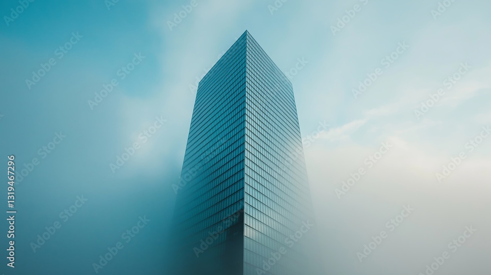 Poster a fog-covered skyscraper disappearing into the clouds