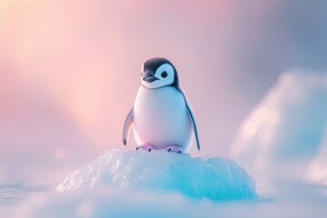 Adorable fluffy penguin chick perched on a small iceberg at sunset, a serene arctic scene.