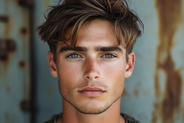 Close-up portrait of a handsome young man with stylish hair and blue eyes, posing against a textured background