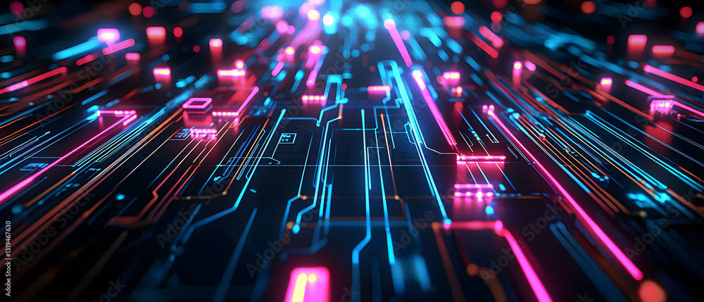 Poster futuristic circuit board with glowing neon pink and blue lights data flowing through intricate netwo