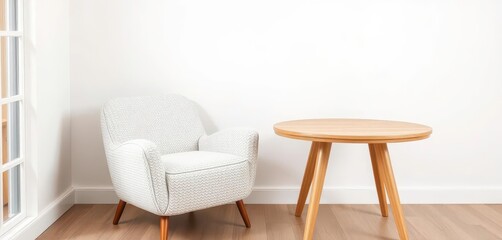 Textured boucle chair, light wood table, minimalist room , tones, modern