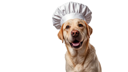 Dog wearing a chef hat isolated on transparent background demonstrating a cheerful cooking spirit in a playful kitchen setting