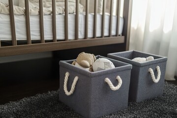 Organized Nursery Storage with Grey Fabric Bins Under Crib