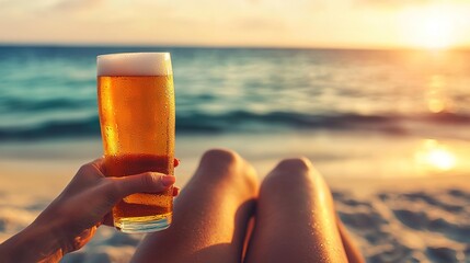 Relaxing woman enjoys beer at sunset beach seaside paradise lifestyle photography tranquil atmosphere close-up view